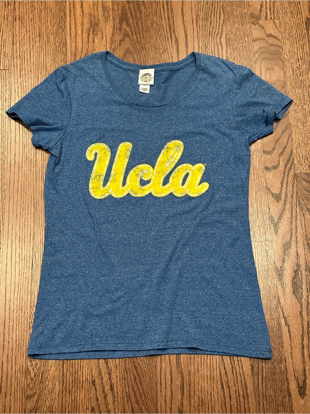 UCLA Women’s Crewneck Heather Blue Tee with Vintage looking Yellow Script